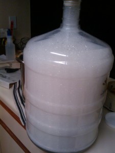 The fermenter, filled with StarSan foam